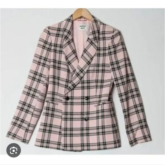 ARITZIA | SUNDAY BEST Pink Black Galt Plaid Double Breasted Blazer XS $168 - Picture 1 of 5